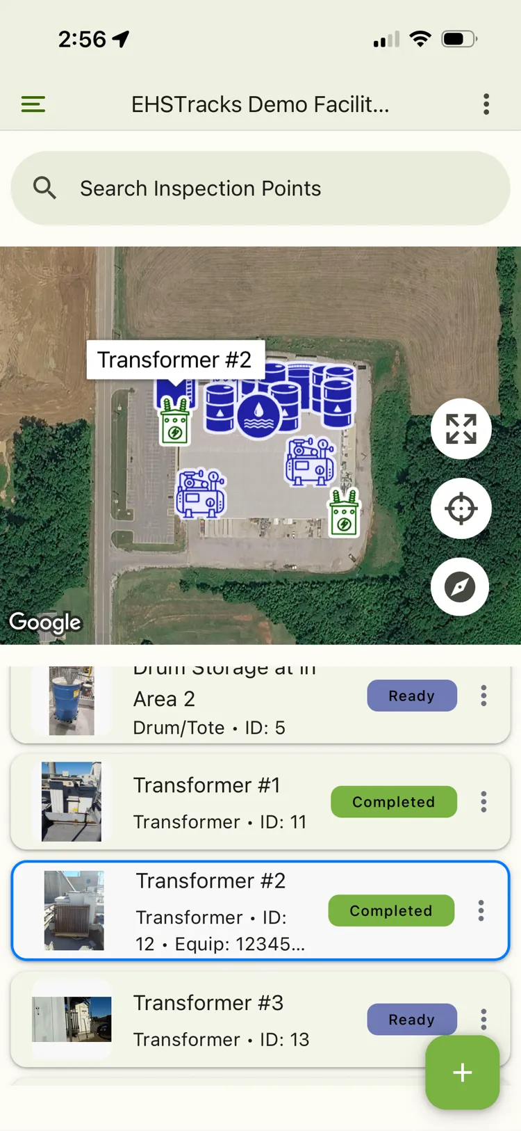 EHSTracks mobile app showing an SPCC facility map with mapped inspection points and completed transformer inspections