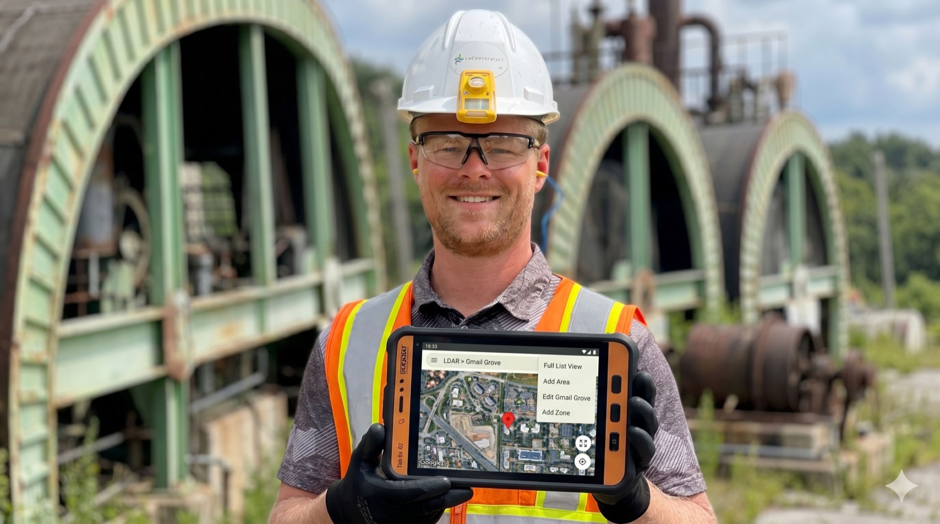 Field inspector in hard hat and safety vest holding a rugged tablet running the EHSTracks LDAR mapping screen at an industrial facility